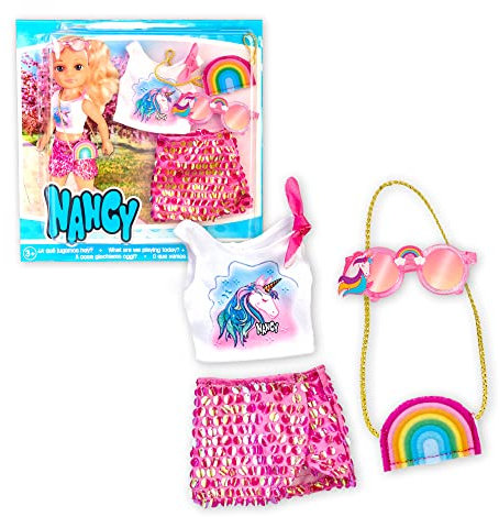 NANCY - Ein Tag im Einhorn-Look, Modepuppen-Kleidersatz mit Zubehör, T-Shirt, rosa Rock, Regenbogentasche und reflektierender Brille, + 3 Jahre, Famosa (NAC27000)