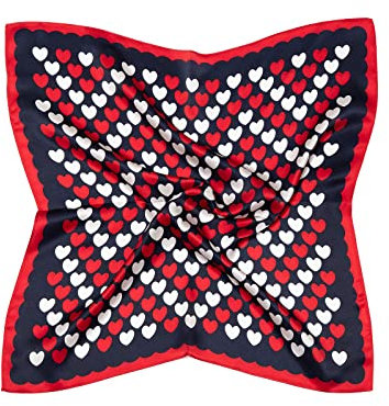 MayTree Seidentuch aus 100% Maulbeer-Seide - Quadratisch Herzen dunkelblau rot weiß 53x53 - Luxuriöses Damen Halstuch - Eleganter Bandana-Schal für Damen - Luxus und Komfort für Erwachsene