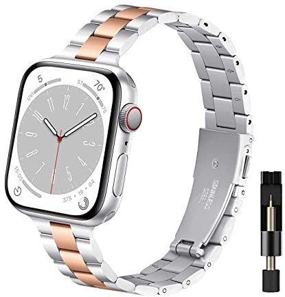 WoPail Correa Mujer Compatible con Apple Watch 49mm 45mm 44mm 42mm Serie 10/9/8/7/6/5/4/3/2/1, Ultradelgado Pulseras de Repuesto Metal de Acero Inoxidable para iWatch Ultra 2/SE/SE 2 - Plata&Oro Rosa