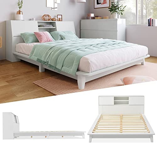 Stauraumbett 140x200, Bett Weiß Massivholz Stauraum-Kopfteil mit Lattenrost Holzbett mit Kopfteil (Ohne Matratze)