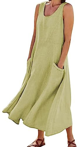 Miolasay Women UK Party Elegant Fancy Dress Trendy Tunic Summer Linen Dress with Pockets Sleeveless Cotton Linen Long Dress (A-Light Green, XL)