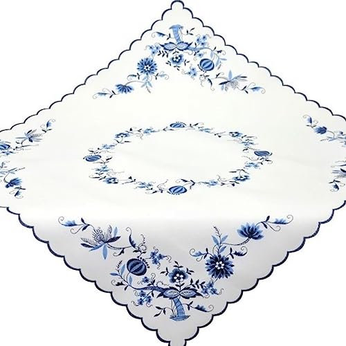 Tischdecke Weiß Küche Stoff Bestickt Mitteldecke Zwiebelmuster Blau 110 x 110 cm Tischwäsche Landhaus Pflegeleicht