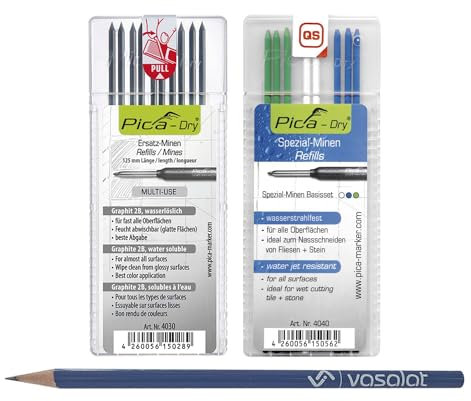 Pica Dry Minen Set - 10 Stück Ersatzminen graphit 2B Multi-Use und 8 Stück Ersatzminen wasserstrahlfest in blau/weiß/grün
