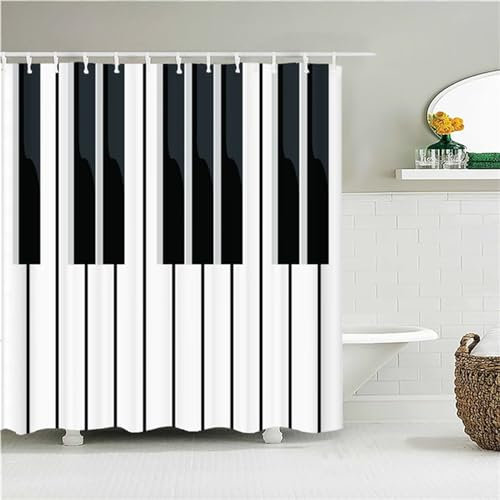 Guofuos Duschvorhang Klavier Schwarz Weiß 180x300cm Duschvorhäng Anti Schimmel,Wasserabweisend Stoff Duschrollo Waschbar,3D Draussen Bad Vorhang Schnell Trocknend,Badewanne Badezimmer Decor Vorhänge