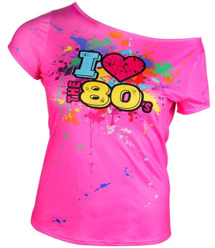 80er Jahre Outfit für Damen Übergröße I Love The 80's Kostüme 80er Jahre Off Shoulder T-Shirt Tops Neon Kleidung Oversized, Rosenrot, 3X-Groß