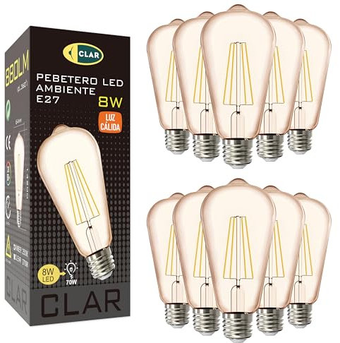 CLAR - LED Vintage Glühbirne E27 8W 2500K Warmweiß, Edison Retro Leuchtmittel (Pack 10)