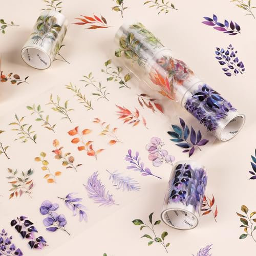 NOGAMOGA Clear Pre-cut Leaf Sticker Tape, 3 Rolls Decorative Leaf Stickers, Plant Stickers for Bullet Journals, Scrapbook, Planners, Cards