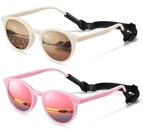 Vcarsian Cute Kids Polarized Sunglasses,Baby Sun Glasses with Strap for Toddler Girls Boys Flexible Round UV Protection Glasses Age 0-6