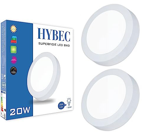 HYBEC - Downlight LED Techo Superficie, Plafon LED Techo cocina, Plafon led techo baño, Lámpara de Techo, 20W Blanco Cálido 3000Kº (Pack 2)