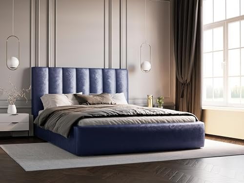 Emporius Polsterbett 140x200 Velor - Design Doppelbett, Schlafzimmer, Bett mit Lattenrost, Samtstoff, Bettkasten, Doppelbett 140x200 (Blau - Ikoo 10)