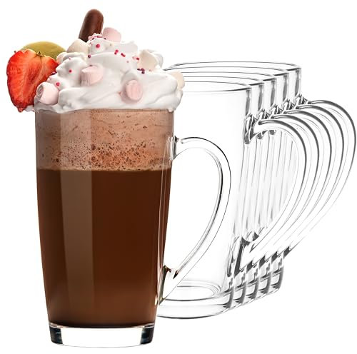 KIAPPO Gläser Set 420 ml - 6 Stück Kaffee, Tee, Cocktail, Trinkgläser - Latte Macchiato-Gläser - Hochgläser Mit Henkel - Spülmaschinenfest - 82 x 82 x 139 mm