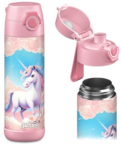 Jarlson® MALI Kinder Trinkflasche, Thermo Edelstahl Trinkflasche BPA frei, auslaufsicher, Kinderflasche mit Chug Deckel, Flasche für Schule, Kindergarten (Einhorn Rosa, 500 ml)