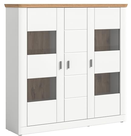 xonox.home Highboard - 144 x 140 cm - 3 Türen - Nox Eiche Dekor - Weiß matt