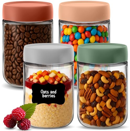 HEFTMAN Overnight Oats Jars with Lids - 4 Pack, 600ml | Overnight Oats Jar with Airtight, Colourful Screw Lids Food-Safe Glass Breakfast Pots with Lids for Yogurt, Chia Pudding