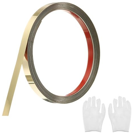 QUARKZMAN Baguette de Moulure Auto-Adhésive en Acier Inoxydable, Dorée Miroir à Coller, avec Gant, Moulure Décorative pour Miroir Mural, 0,4 x 9,8 Pieds