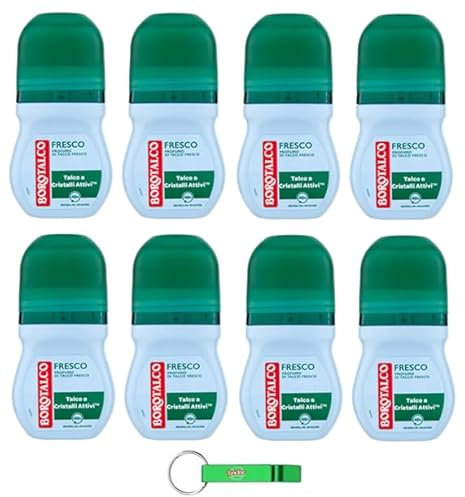 8x Borotalco Fresco Deodorante Deo Roll-On,Frischer Talkum-Duft,Dreifacher Schutz vor Schweiß und extra Trocken Effekt,50ml + Beni Culinari Kostenloser Schlüsselanhänger