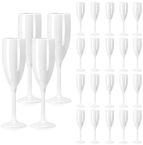 jiawaggag Lot de 24 coupe de Champagne Reutilisable Verre a Pied Blanc Incassable Flute Champagne Acrylique Flute Champagne Verre Gobelet pour Mariage Fêtes d’anniversaire Camping Piscine (24, Blanc)