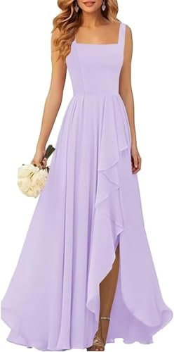 KURFACE Damen Brautjungfernkleid aus Chiffon mit quadratischem Ausschnitt für Hochzeit, Party, A-Linie, formelles Kleid, Flieder, 58 Plus