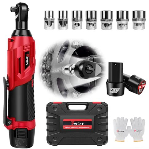 Elektroratsche Ratsche 12V Akku Ratschenschlüssel mit 2x1500mAh Akkus und Ladegerät, 3/8 Akku Ratschenschlüssel Set Kabelloser Ratschenschlüssel, Variabler Geschwindigkeit, 7 Steckschlüssel