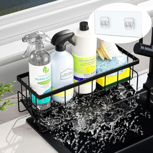 LANYOTA Sink Caddy Kitchen Organizer, Stainless Steel Sponge Holder Sink Dish Sponge Organizer for Bathroom and Kitchen Supplies, Rustproof (Black-A)