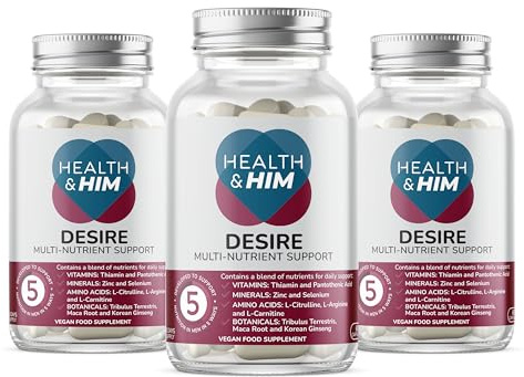 Health & Him Desire Supplement for Men, with Korean Ginseng, 90 Day Supply | Supplement for men with Maca, Korean Ginseng, Tribulus, L-Arginine, L-Citrulline & Zinc; Vegan, gluten-free; 180 Capsules
