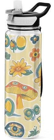 Fantasy Mushrooms D Bouteille d'eau avec paille 1 litre Bouteille de sport Tritan sans BPA transparente pour adultes en plein air école gym voyage