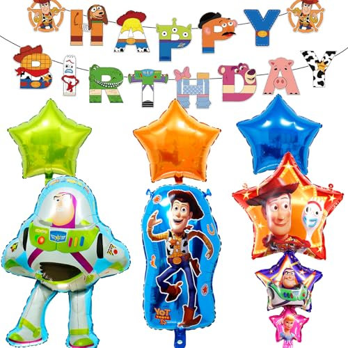 Spielzeug-inspirierte Story-Folienballons, 7 Stück, Spielzeug-Themengeschichte, Geburtstagsdekorationen, Cartoon-Spielzeug, Geburtstagsparty-Ballons mit Happy Birthday-Banner, Partyzubehör für Jungen
