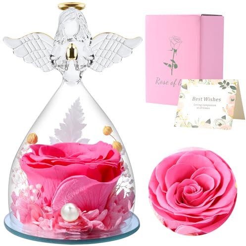 FRFG Cadeaux de Roses Eternelles pour Elle, Cadeau Femme Roses Préservées dans des Figurines d'ange en Verre, Anges de Fleurs pour Maman Grand-mère, Epouse, Sœur, Petite Amie (Rose)
