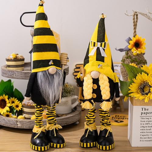 Deko Frühling Biene Wichtel mit Teleskop-Beinen 44-58cm, 2 Stück Stehende Zwerg Figuren Frühlingsdeko Geschenk für Frauen Party Home, Frühlingswichtel Tischdeko, Frühling Sommer Wichtel Deko (A+B)