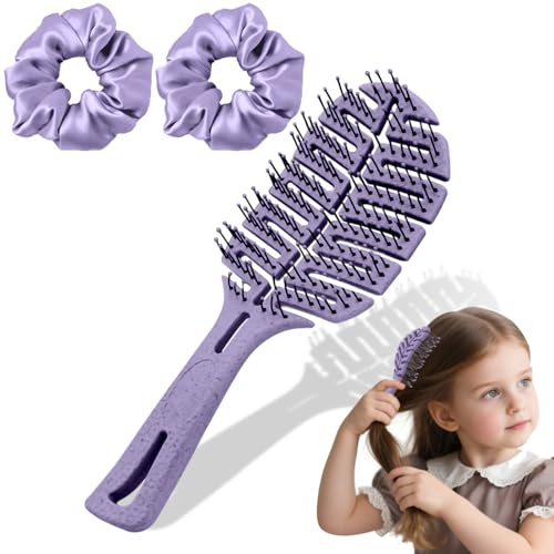 Yeria Kinder Haarbürste ohne Ziepen – Violette Entwirrbürste für Mädchen inkl. 2 seidige Haargummis – Leaf Design Detangler Brush – Anti-Ziep Bürste für feines & lockiges Haar