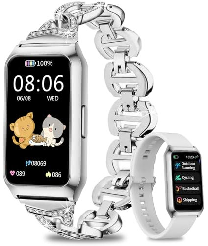 Smartwatch Damen mit Aluminiumgehäuse in Sliber, Ultra-Akkulaufzeit, 1,47 Zoll Fitness Tracker mit Pulsuhr SpO2 Schlafmonitor, 25 Sportmodi, Wasserdicht IP68 Fitnessuhr für iOS Android Phone, Silber