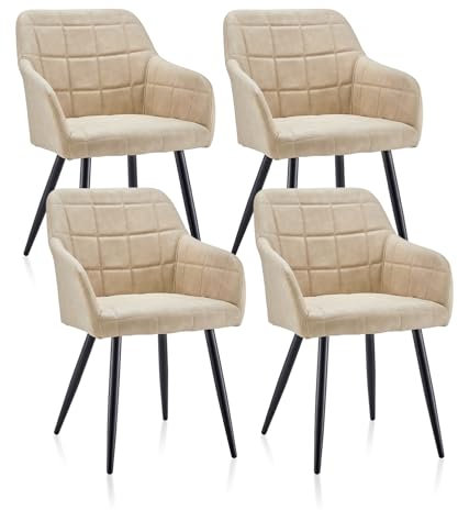 TUKAILAI Esszimmerstühle Set mit Kunstleder, Küchenstuhl Armlehnstuhl Polsterstuhl Wohnzimmerstuhl Sessel mit Armlehne, Rückenlehne, Metallbeine,für Küche, Schlafzimmer (Kunstleder×4, Creme)
