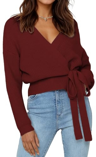 Damen Cropped Sweater V-Ausschnitt Wickelpullover Langarm Rippstrick Pullover mit Seitlicher Krawatte Herbst Winter Outfits 2025