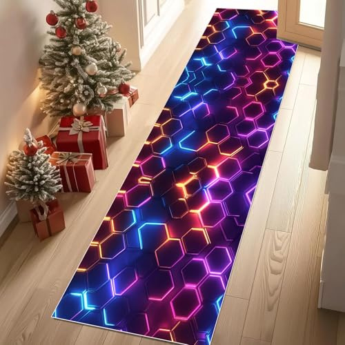 Meugesoi Geometrie Hexagon Teppich Flur Läufer Neon Waben Teppichläufer Küchenläufer Carpet rutschfest Waschbar für Bettvorleger Flur Küche Waschküche 80 X 180 cm