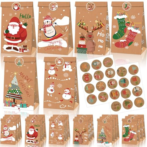 Notwoe® 24 Stück Geschenktüten Weihnachten,Personalisierte weihnachtstüten,Geschenktüten mit Weihnachtspinguin,Papiertüten Weihnachten für Geburtstagssüßigkeiten,Partys,Märkte. (Brown-A24)
