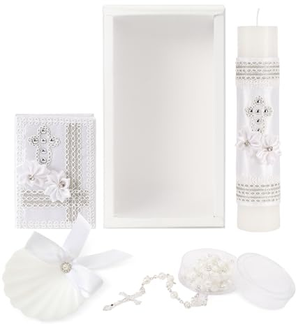 5 PCS Baptism Candle Set for Boys and Girls,White Baptism Kit Candle,Towel,Shell,Rosary &Bible for Baptismal Christening First Communion Gift,Velas para Bautizo De Niño o Niña
