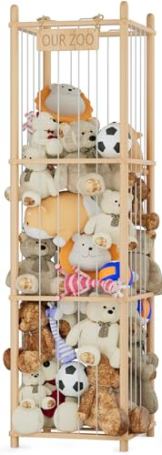 VERONLY Kuscheltier Aufbewahrung mit Netz, Stofftiere & Plüschspielzeug Massivholz Organizer, Großes Fassungsvermögen Aufbewahrungsregal für Kinderzimmer, Wohnzimmer & Schlafzimmer 137x40x40cm