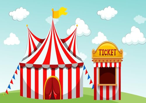 CORFOTO 4.5x3m Rouge Chapiteau de Cirque Toile de Fond Grand Chapiteau Carnaval Thème Fête d'anniversaire Photo Fond Dessin Animé Parc Herbe Ciel Nuage Carnaval Photomaton Bannière Décorations