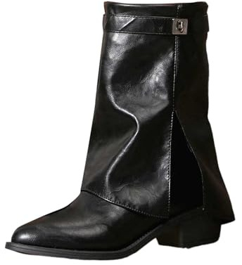 Generisch 2026 Botas altas de pantorrilla, botines de moda sin cordones con punta puntiaguda tacón grueso botas cómodas e informales de invierno para mujer, Negro , 40 EU