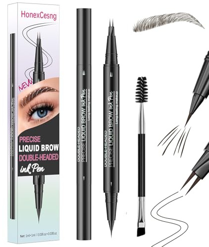 Microblading Eyebrow Pen, 2-in-1 Waterproof Brow Tint, Faux Brow, 2-Fork Tip & Ultra-Fine Point for Hair-Like Strokes, 48H Smudge-Proof, Includes Brow Brush & Comb, Natural Shades