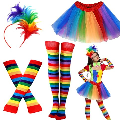 Phlognfy Karneval Regenbogen Damen Kostüm, 80er Jahre Kostüm Neon Zubehör Outfit, mit Regenbogen Tüllrock Handschuhe, Socken und Haarschmuck, für Halloween-Karnevalsparty der 80er und 90er Jahre
