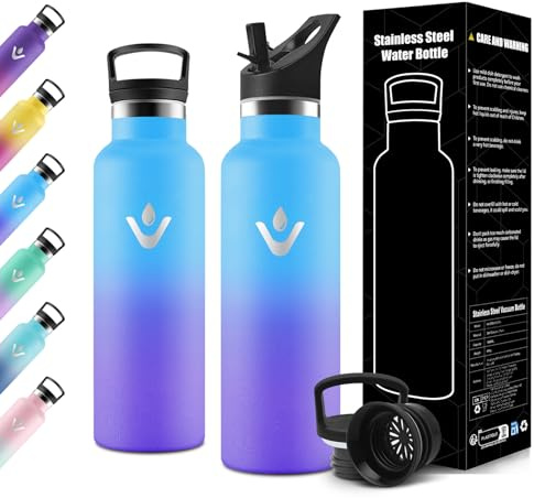 Motswedi Botella Termica 500ml, Doble Aislamiento, Botella Termica Niños, Mantener 12H Caliente/24 Frío, Cantimplora Infantil, a Prueba de Fugas, Termo agua, para Oficina, Hogar, Azul Cielo & Morado