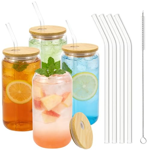 Mjuthy Lot de 4 Verre avec Couvercle et Paille, Gobelets Verre avec Paille 16oz (500ml) pour Matcha, Café Glacé, Cocktails, Jus, Smoothies, Tasse Parfaite pour Boissons Froides et Chaudes