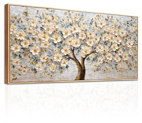 SERIMINO Natürliche Wandbild mit Rahmen Baum des Lebens Bilder 60x120 cm | Weissgoldene Blüten Wanddeko, Hochauflösender Druck, Leinwand Holzrahmen, Einfache Montage, Als Geschenk Geeignet