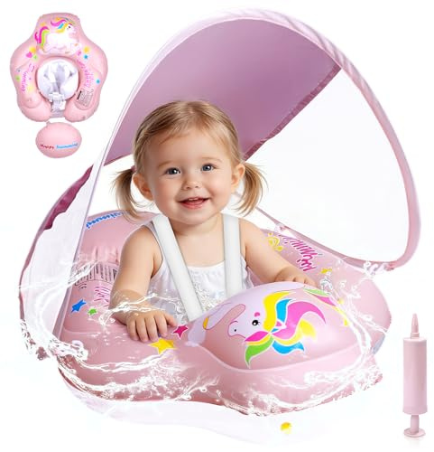 Flotador de Bebé con Toldo UPF 50+, Boya para Piscina Mejorada Que Previene Volteos, Asiento Acuático para niños de 6 a 36 Meses, Color Rosa