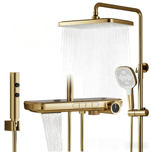 Colonna Doccia Termostatica, Oro spazzolato Colonna Doccia con Miscelatore | 4-in-1 Sistema di Doccia Set Pioggiam Parete con 350mmx220mm Soffione, Doccia Bocca Vasca Cascata, Pistola Spruzzo, Doccetta