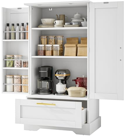 YITAHOME Küchenschrank Weiß 60x40x110cm, mit Türregal&Schublade | 3-stöckiges Gewürzregal linkes Türinnere, 2 verstellbare Böden + 1 große Schublade, flexibel für Töpfe, Geschirr, Vorräte