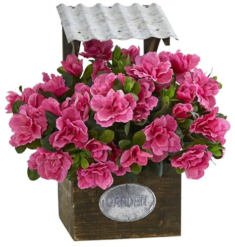 Nearly Natural Azalea Artificial Plant in Tin Roof Wood Planter, Pink
