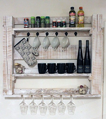 Scaffale da cucina in legno massiccio - Colore: Bianco - Dimensioni (HxWxD): 80 cm x 95 cm x 12 cm - Scaffale a muro vintage per spezie, bicchieri e tazze