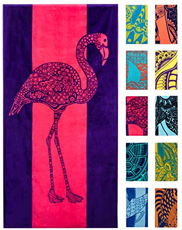 Nova Blue Flamingo Strandtuch - Rosa und Lila mit einem niedlichen Design, extra groß, XL (86,4 x 160 cm) saugfähig und tragbar, leicht, rosa Strandtuch, aus 100% Baumwolle